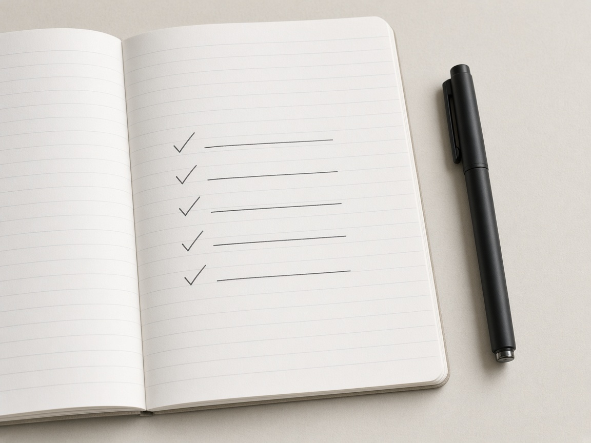 A notebook checklist and a pen on a desk