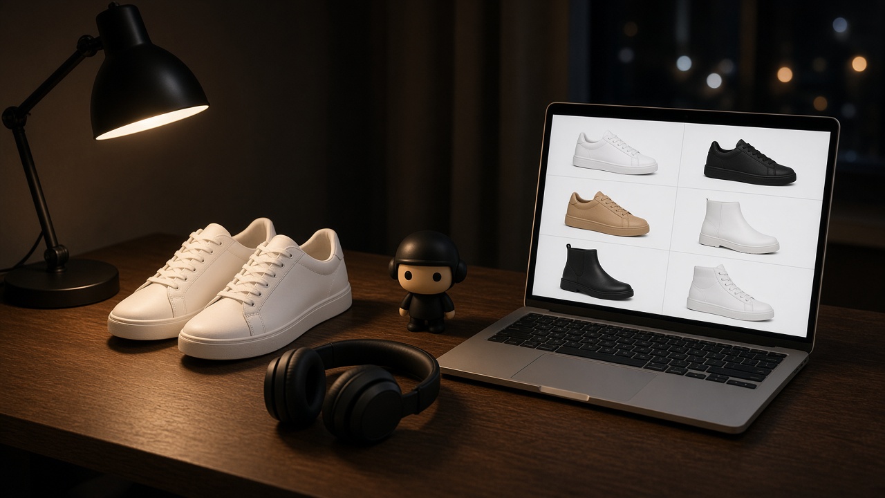 Sneakers, headphones, and a laptop with a shoe catalog on a desk