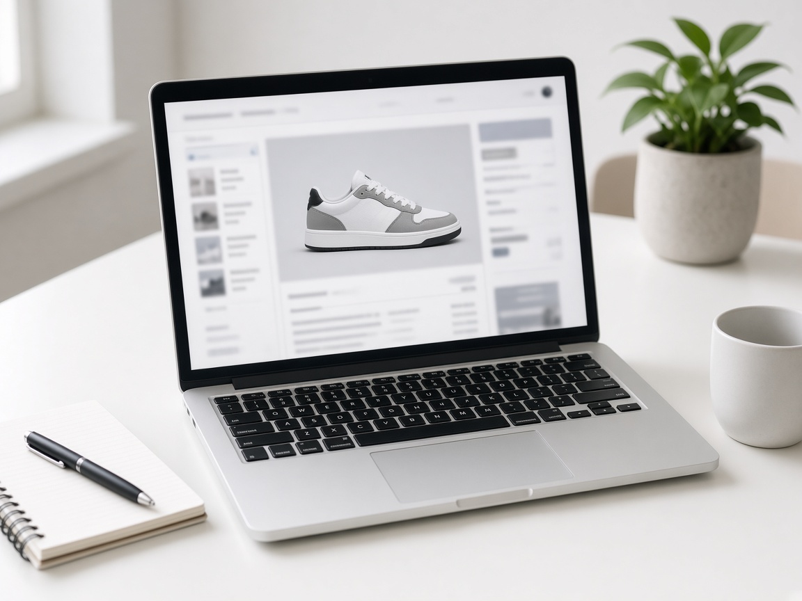 Laptop showing a product page for a sneaker