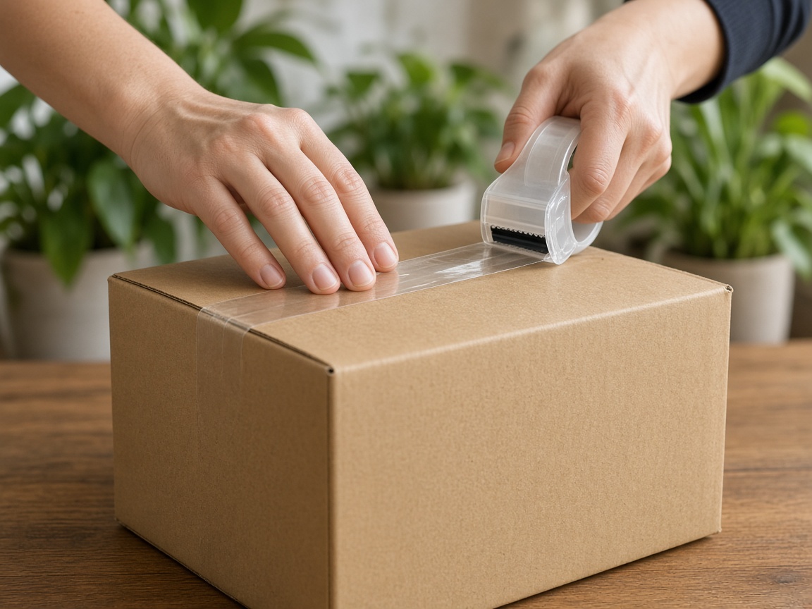 Hands taping a cardboard shipping box