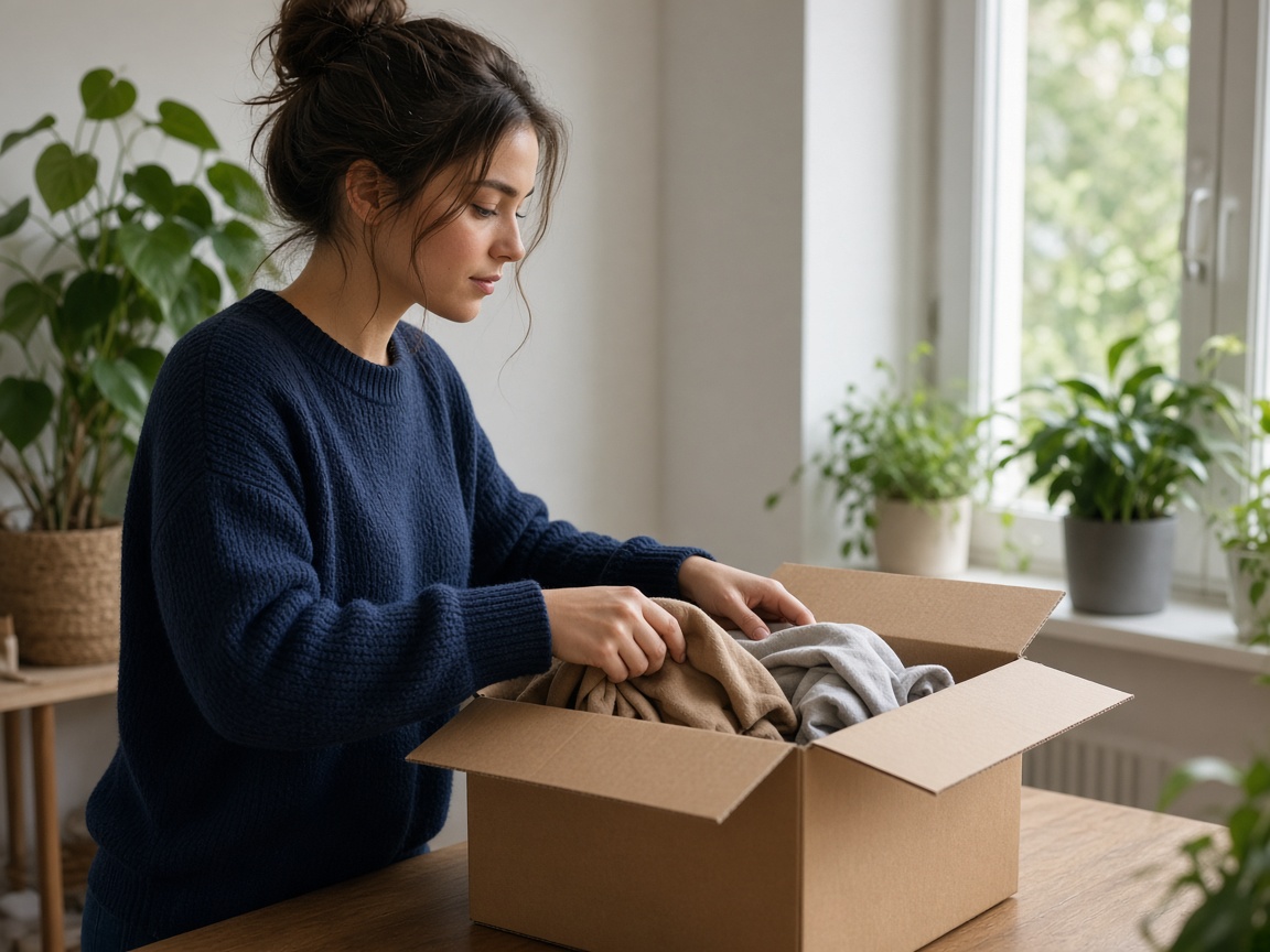 A person packing clothes into a cardboard box beside a bright window