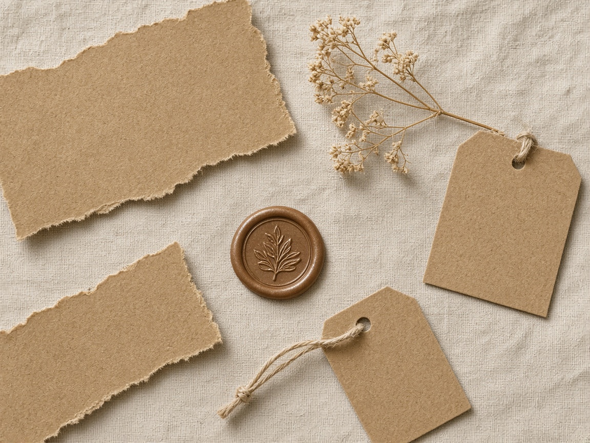 Kraft paper, tags, and dried flowers for shop branding