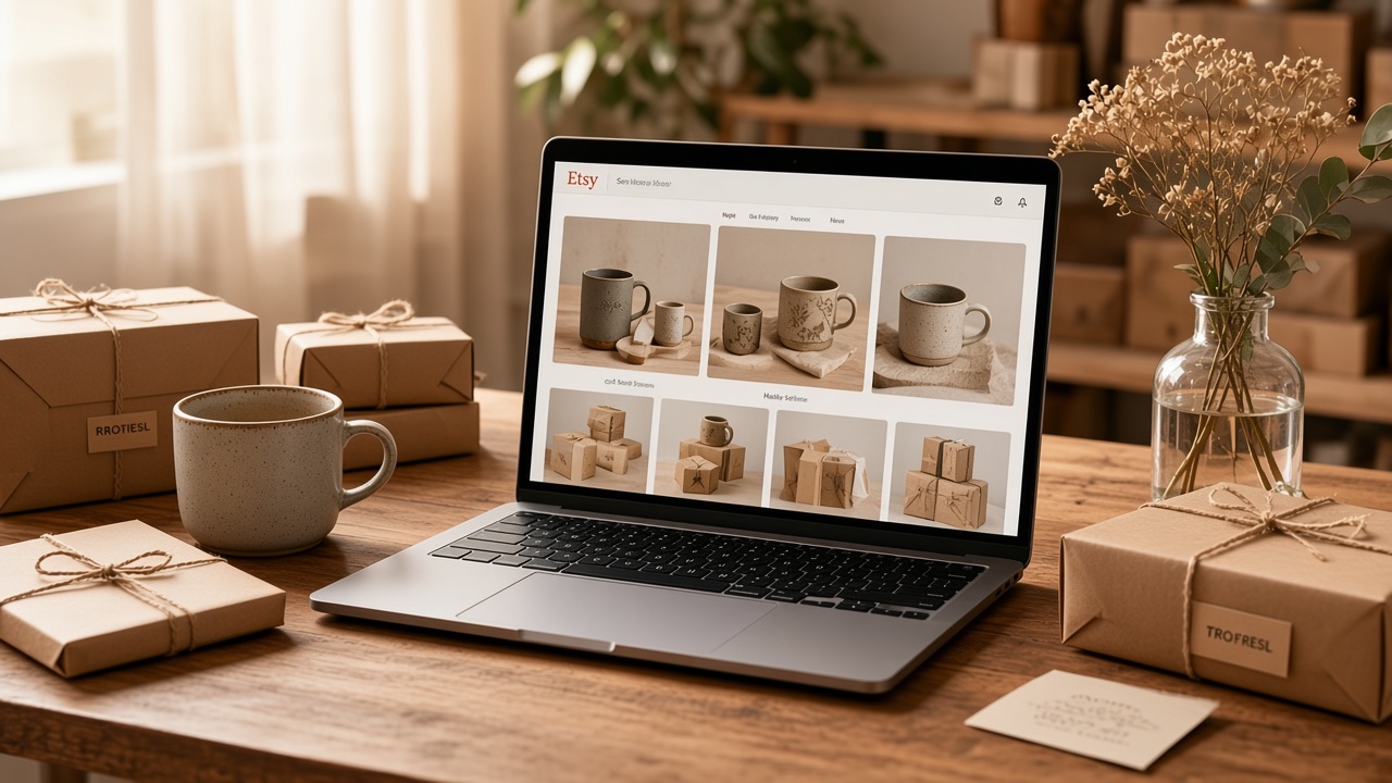 A handmade shop arranged on a wooden desk with a laptop