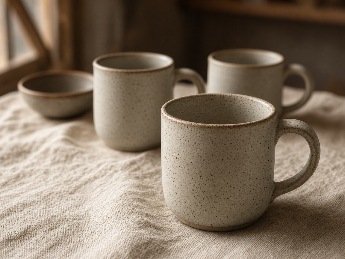 Handmade ceramic mugs arranged for a product listing