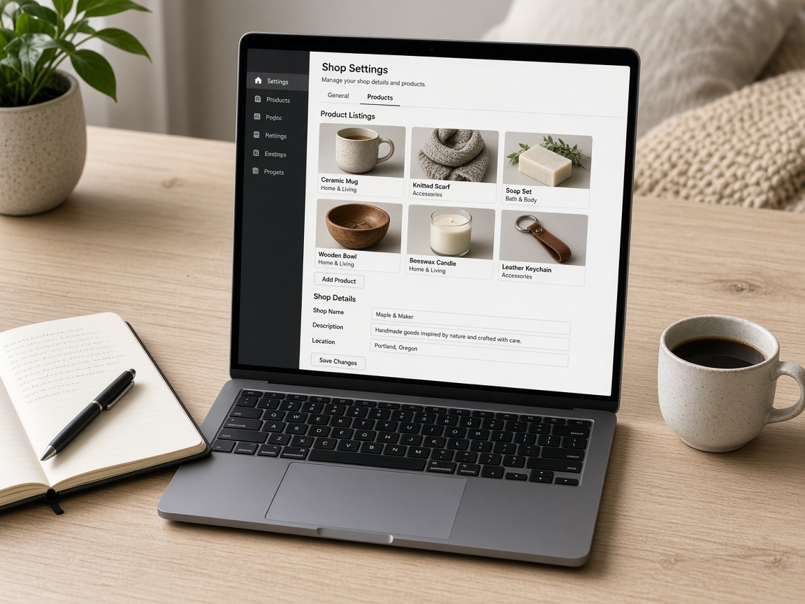 Laptop open to a handmade shop on a desk