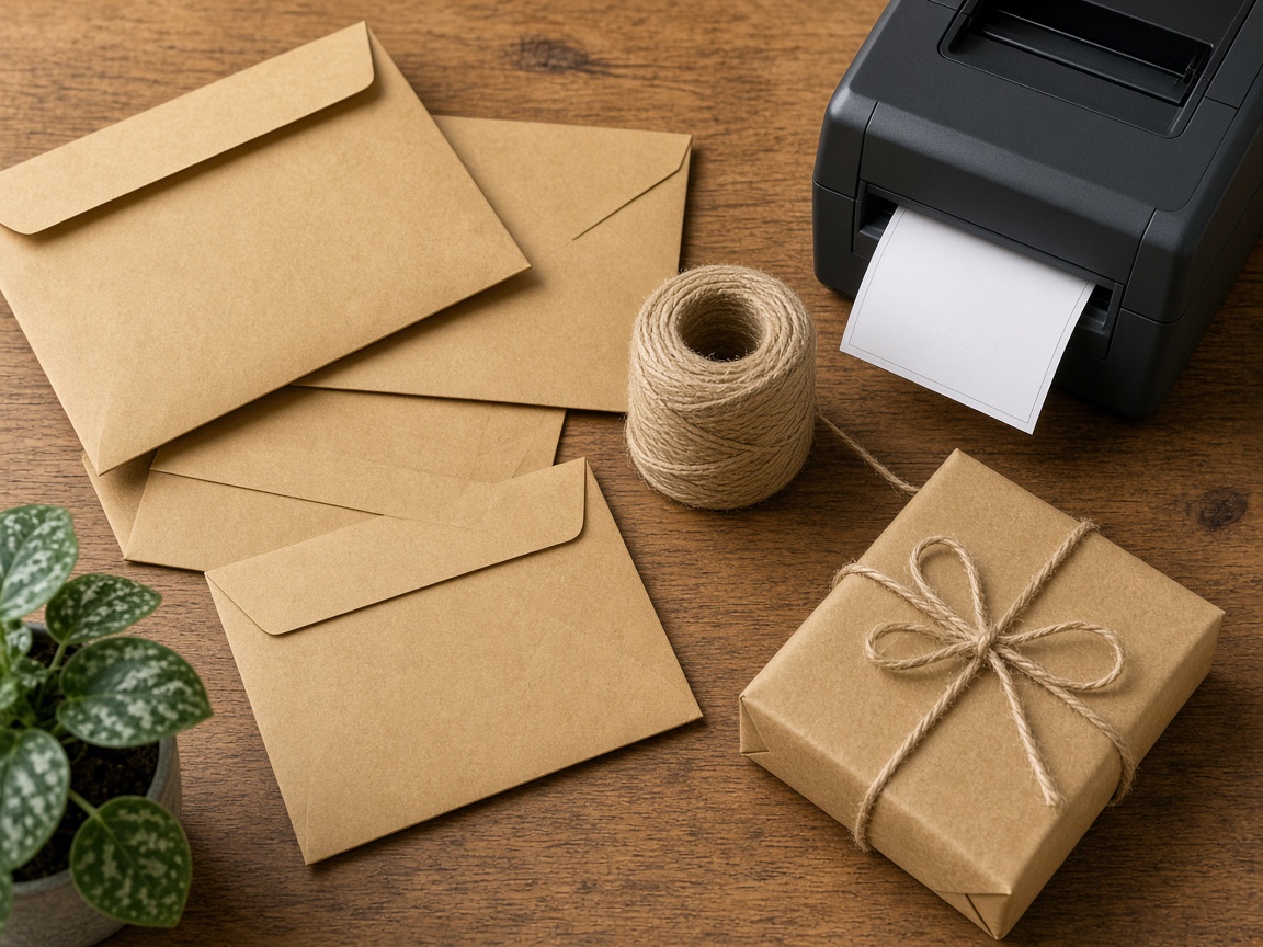 Envelopes, twine, and a wrapped package on a packing desk