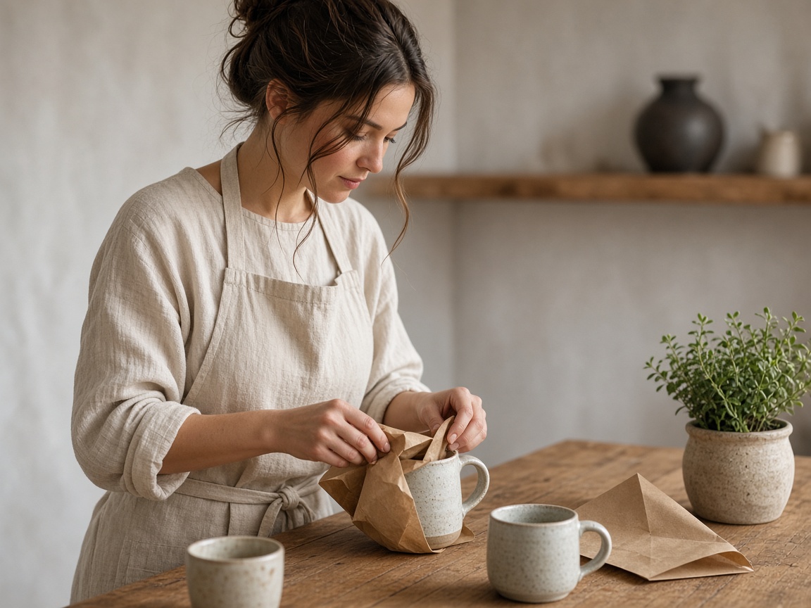 A maker wrapping a ceramic mug at a work table
