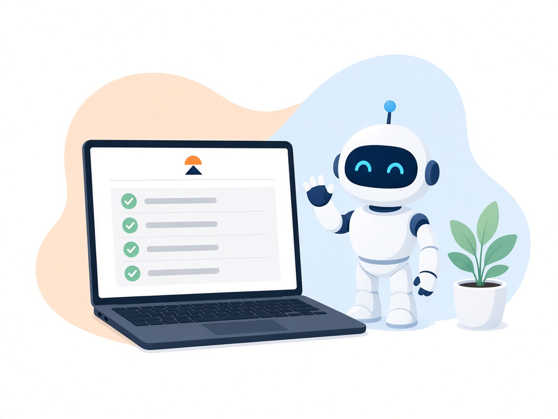 Laptop showing a website checklist beside a friendly AI assistant
