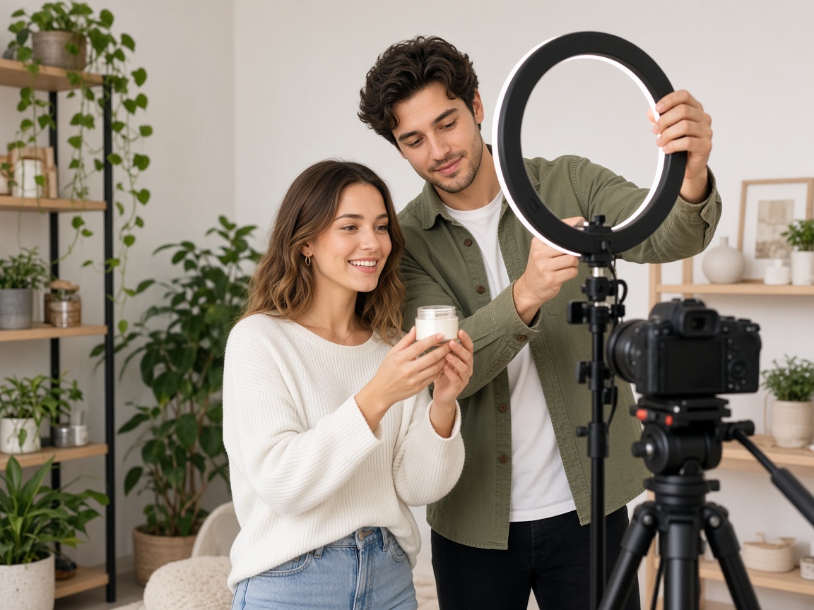 Two people filming a product with a ring light