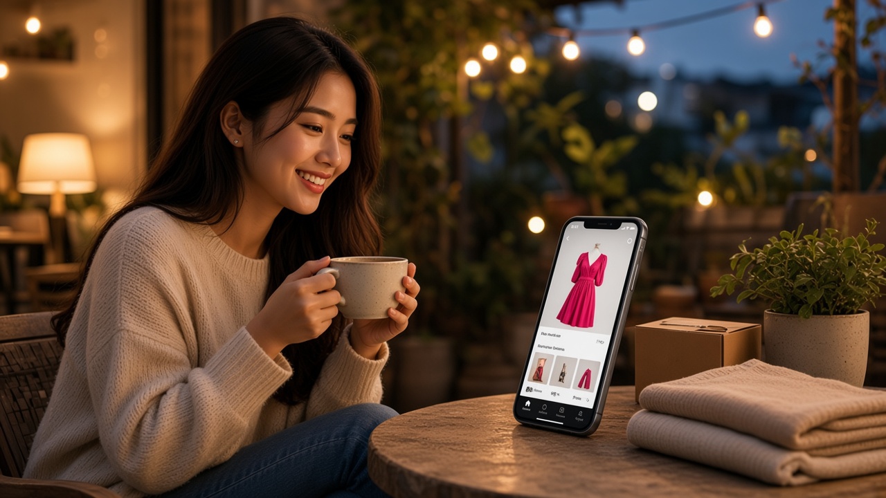 Seller with a phone, products, and a TikTok Shop layout on a table