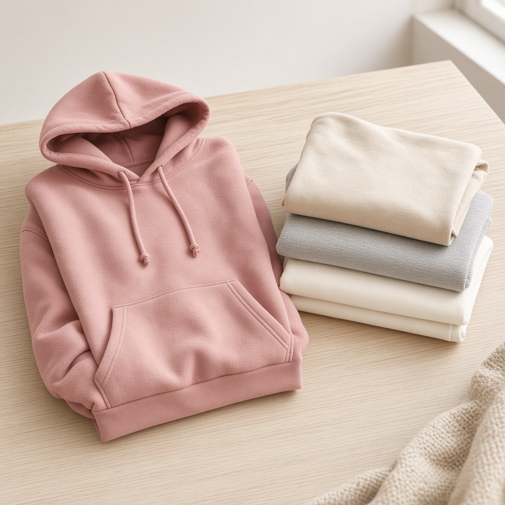 Folded clothing styled for a shop page