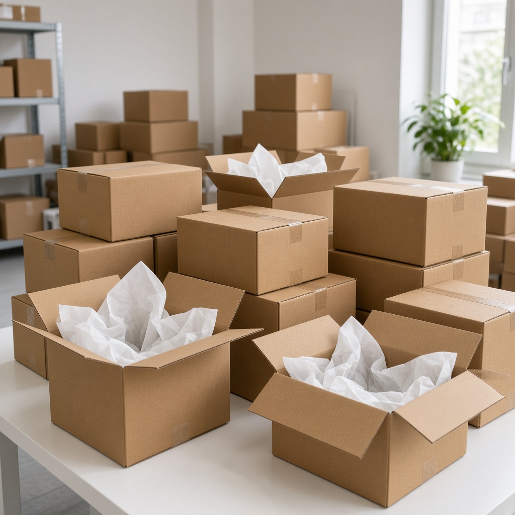 Stacked shipping boxes in a packing area